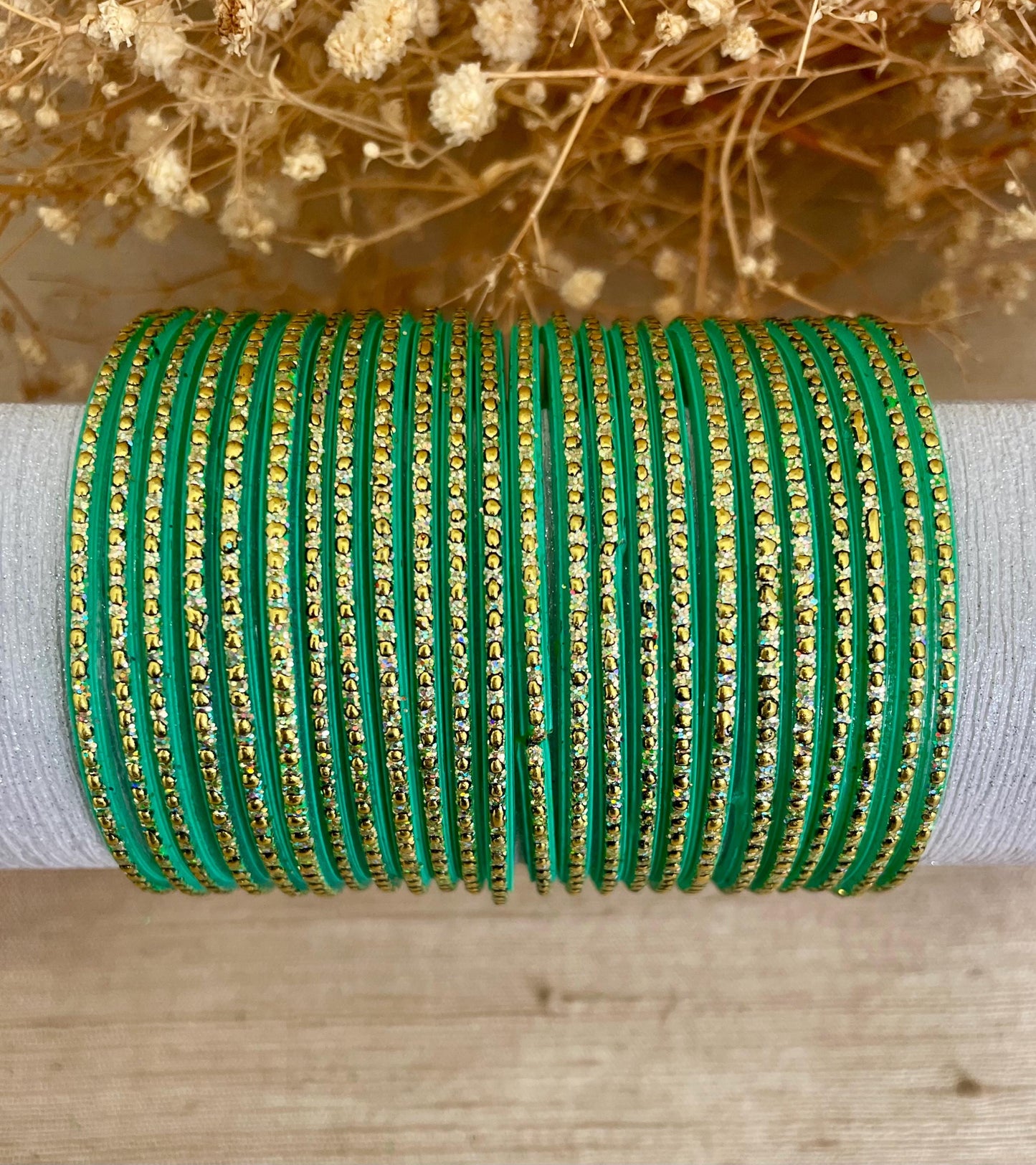Glass Bangles- Pepsi Green Colour Pack of 12 Glitter