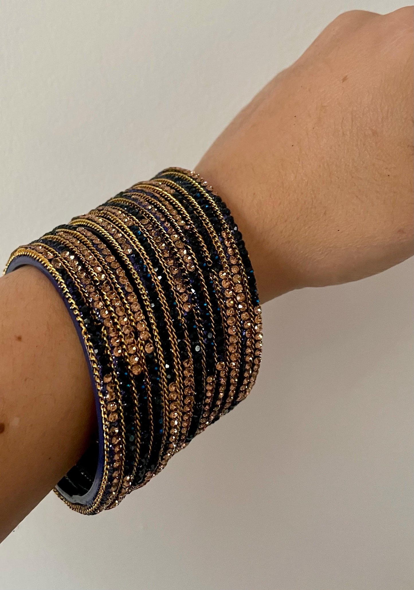 Glass Bangles encrusted with rhinestones and Golden chain on edges| Navy and Gold Stones | 12 Bangles