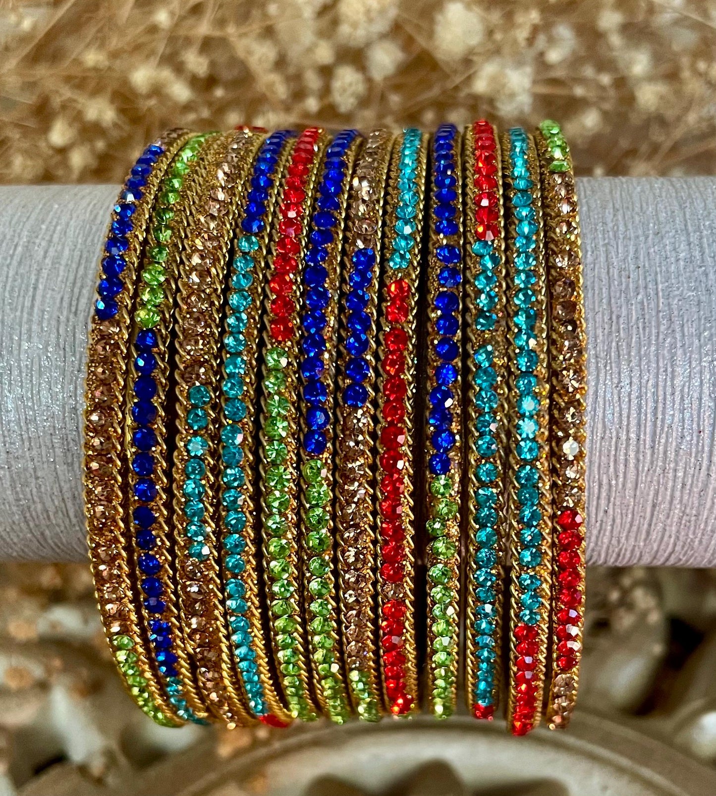Glass Bangles encrusted with rhinestones and Golden chain on edges| Multi Coloured and Gold Stones | 12 Bangles