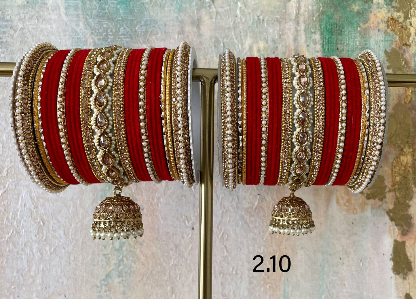 Red Velvet Bangle Stack: Pearl Kundan Jhumki Kangan, Indian Bridal Jewelry (Set of 50)