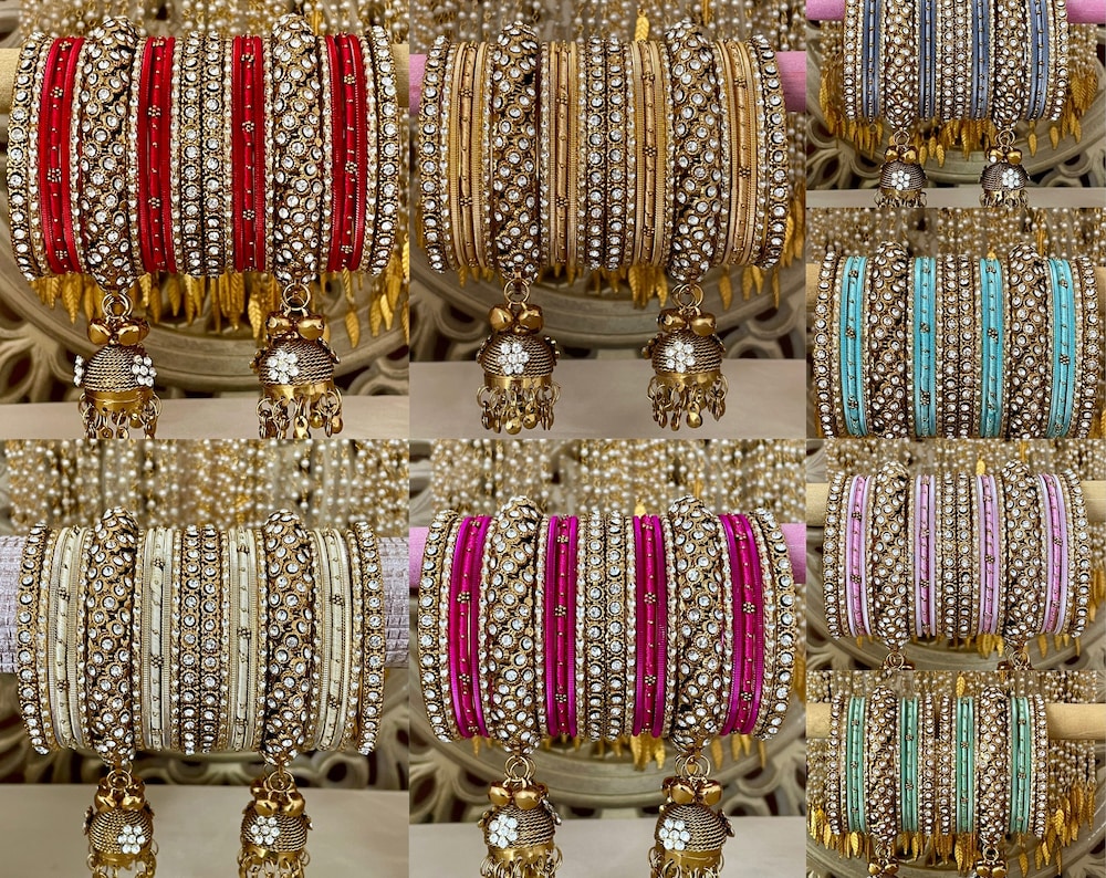 Indian Jhumki Latkan Metal& Thread Bangles Set Bollywood Costume Jewelry Diamante Rhinestones