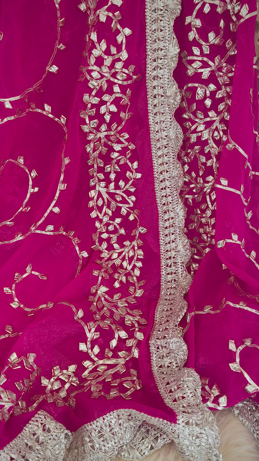 Hot-Pink Silver Georgette Dupattas Heavy gota work border Scarf Chunni Chunri Odhni| Clearance|Defects