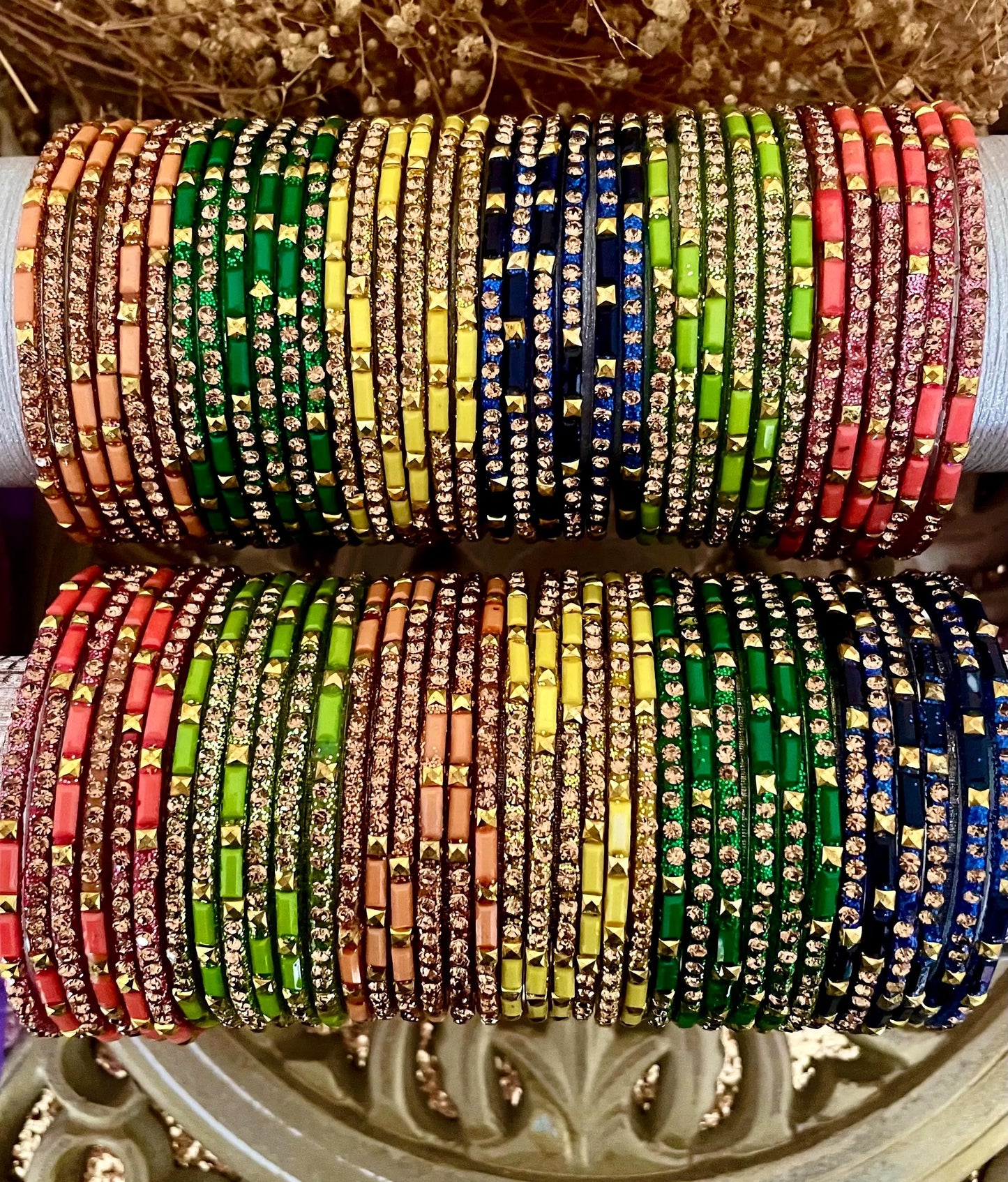 12 Glass Glitter Bangles- Various colours encrusted with rhinestones