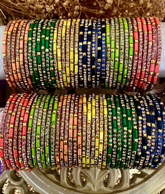12 Glass Glitter Bangles- Various colours encrusted with rhinestones