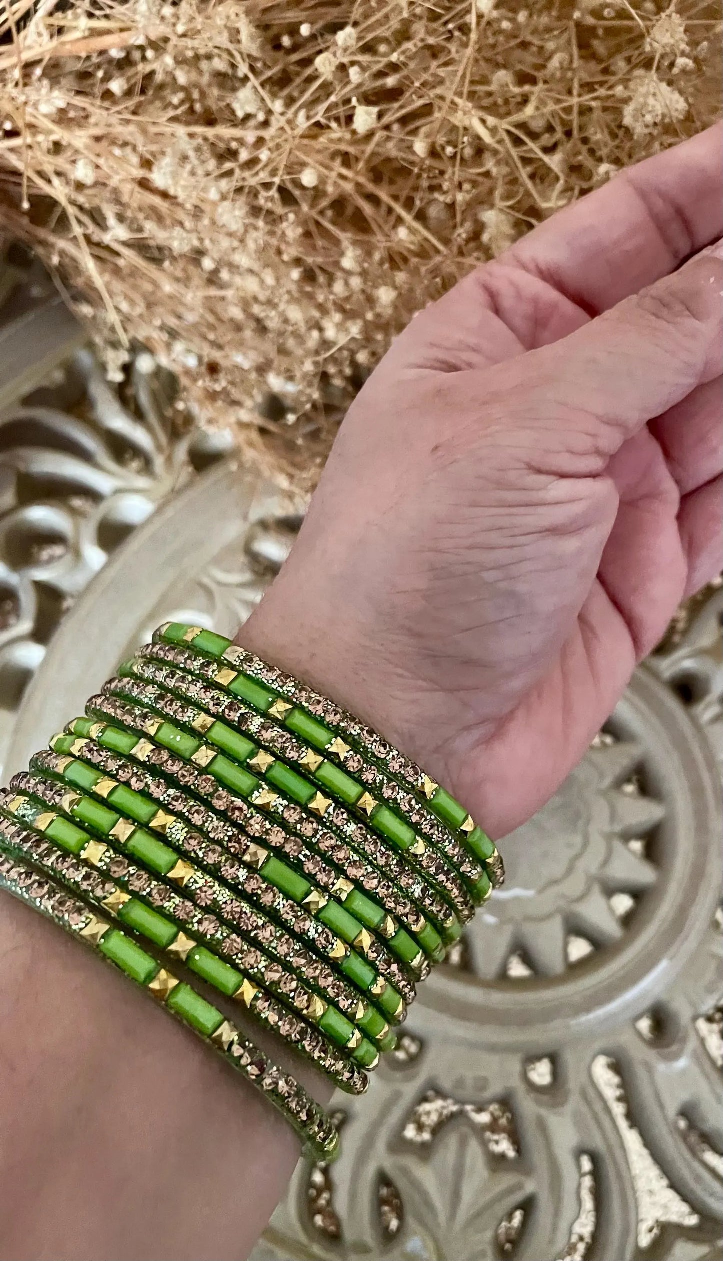 12 Glass Glitter Bangles- Various colours encrusted with rhinestones