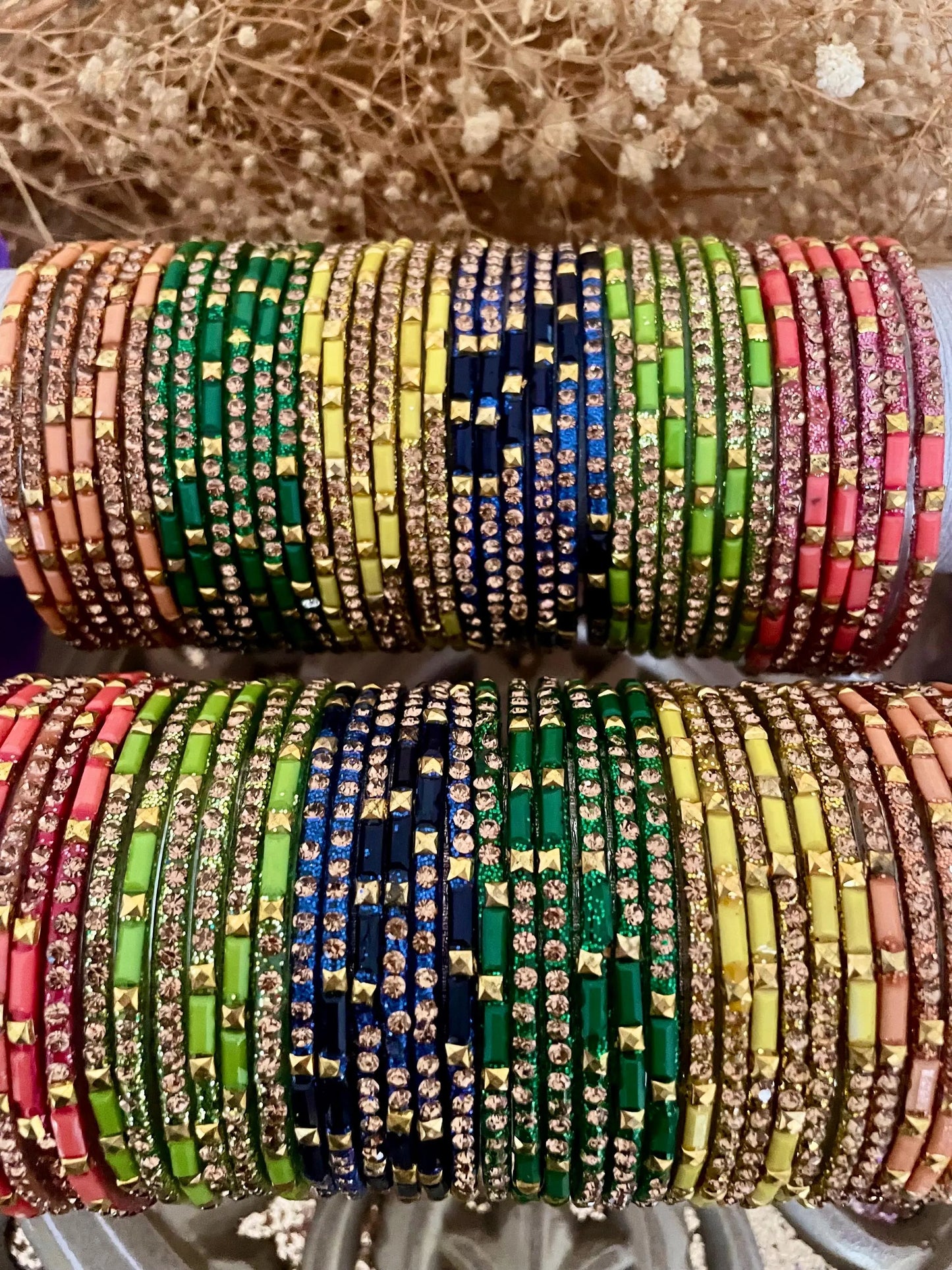 12 Glass Glitter Bangles- Various colours encrusted with rhinestones
