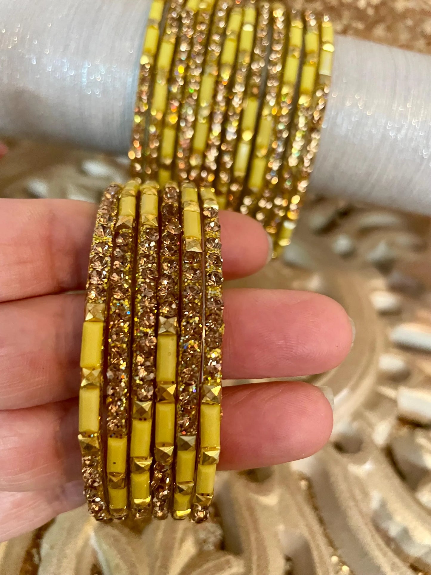 12 Glass Glitter Bangles- Various colours encrusted with rhinestones