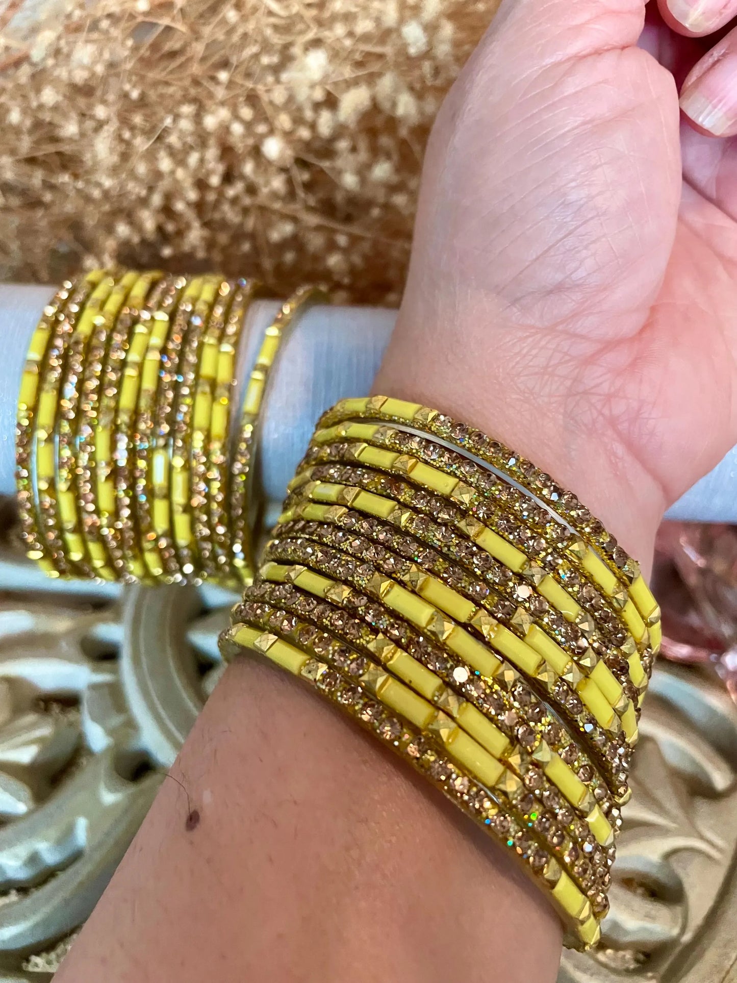 12 Glass Glitter Bangles- Various colours encrusted with rhinestones