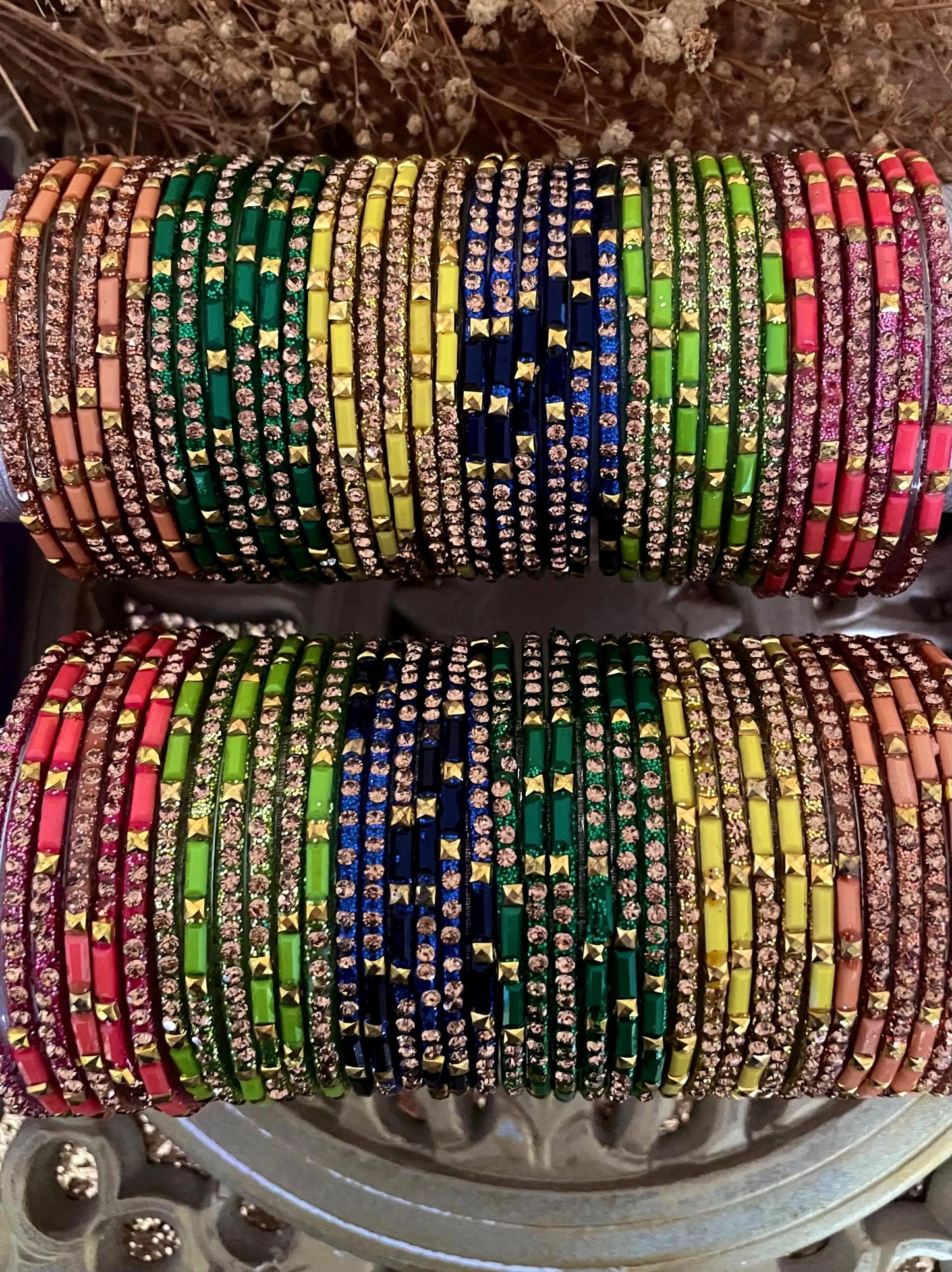 12 Glass Glitter Bangles- Various colours encrusted with rhinestones