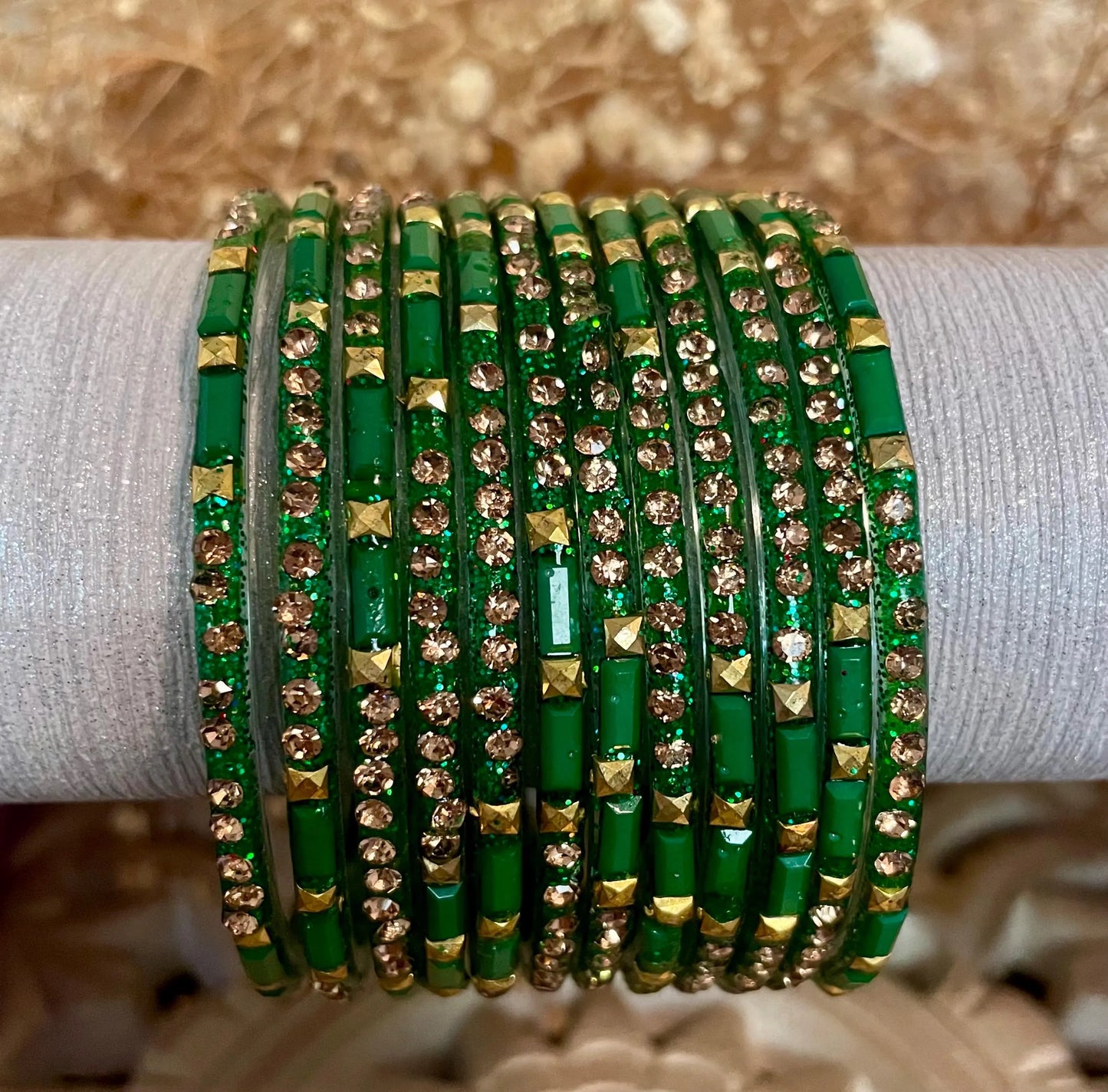 12 Glass Glitter Bangles- Various colours encrusted with rhinestones