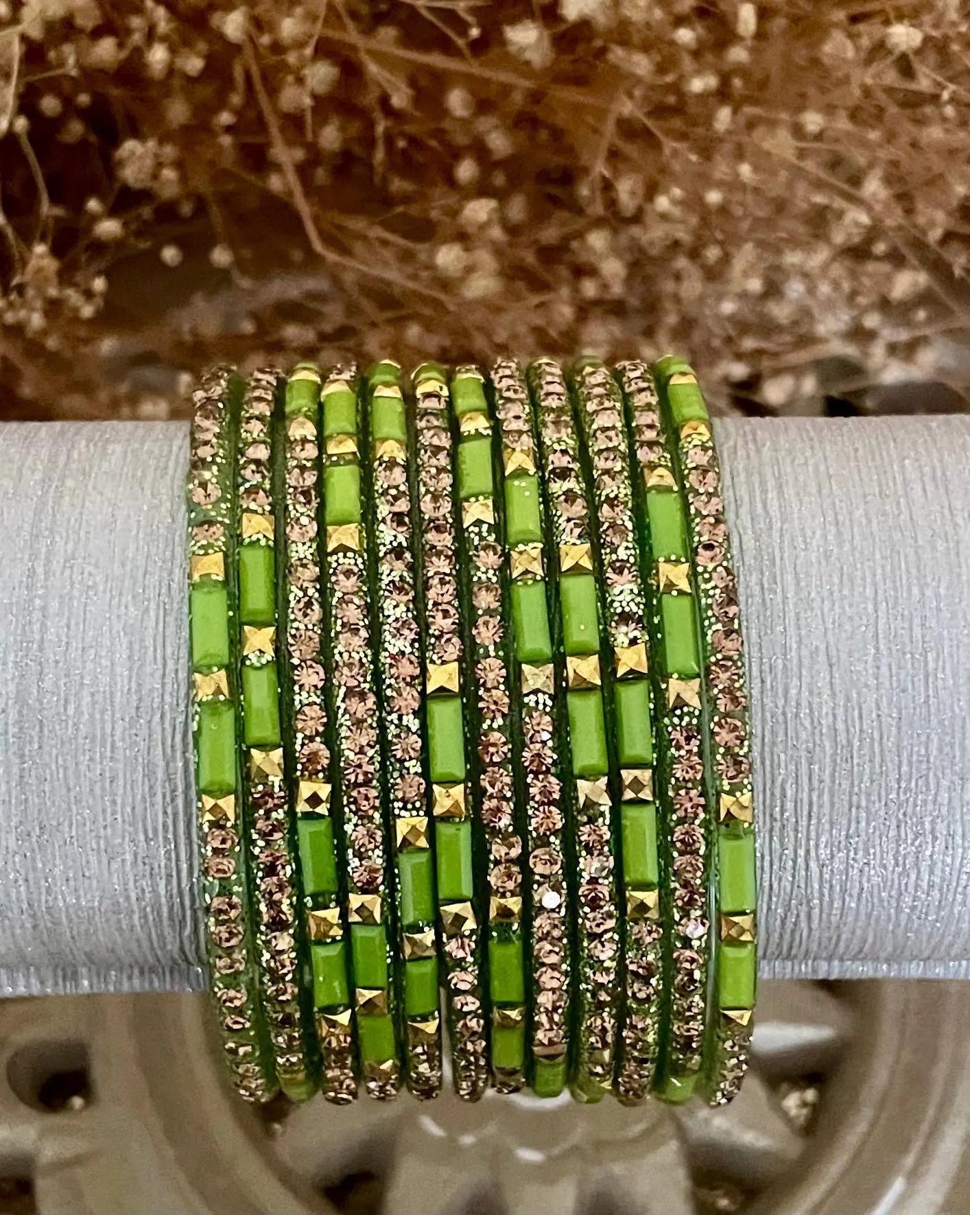 12 Glass Glitter Bangles- Various colours encrusted with rhinestones