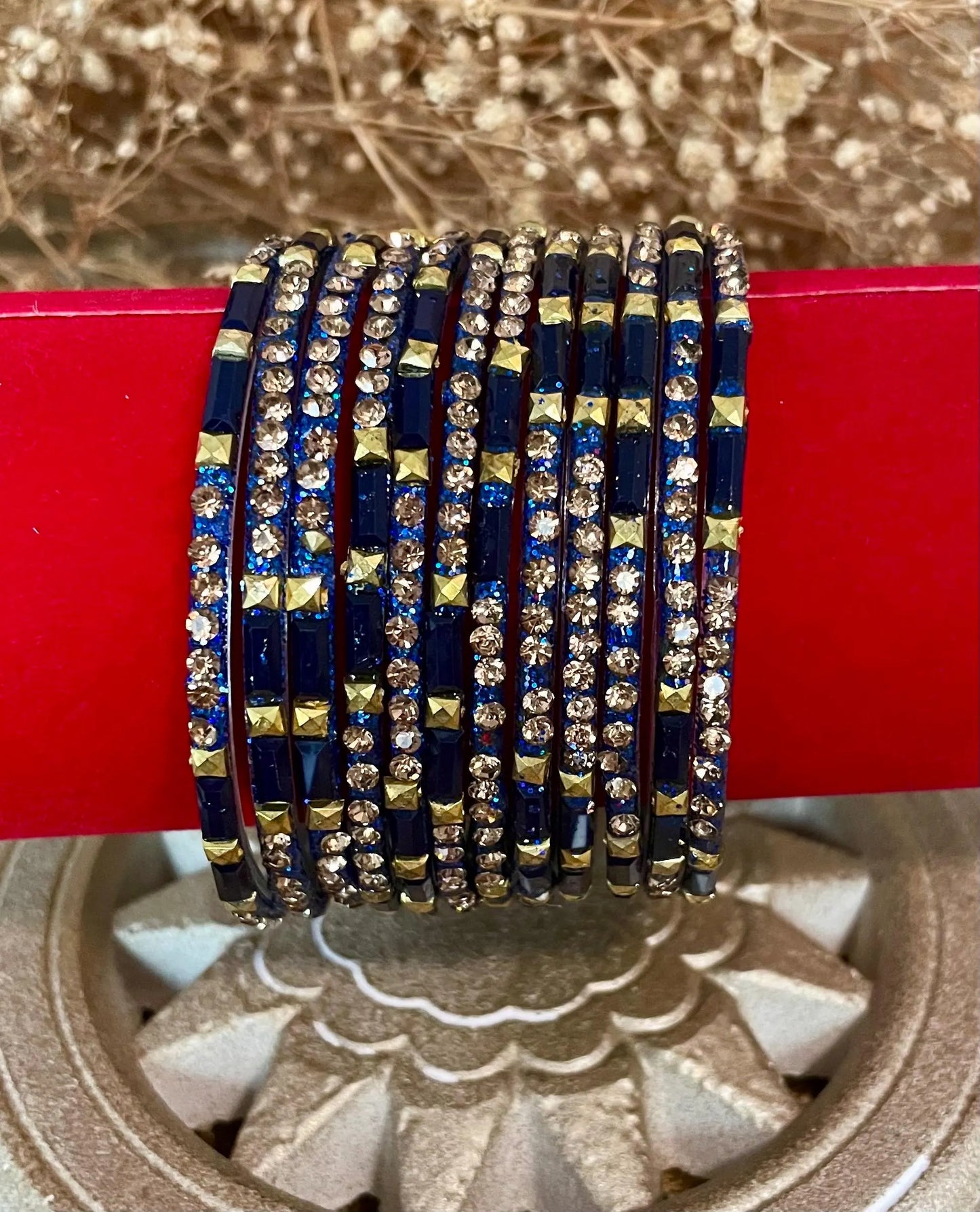 12 Glass Glitter Bangles- Various colours encrusted with rhinestones