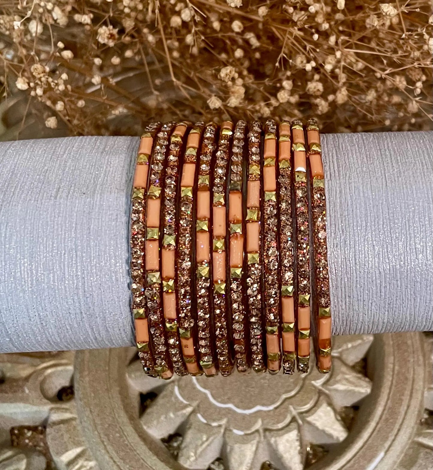 12 Glass Glitter Bangles- Various colours encrusted with rhinestones