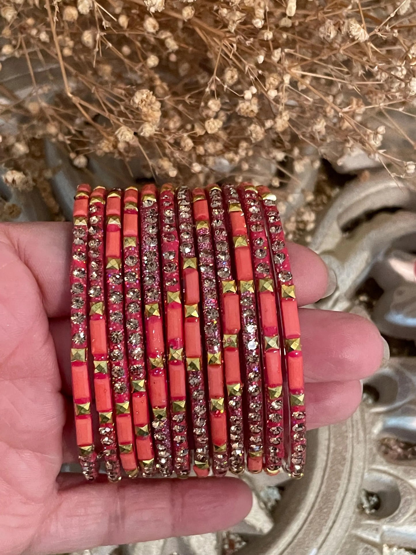 12 Glass Glitter Bangles- Various colours encrusted with rhinestones