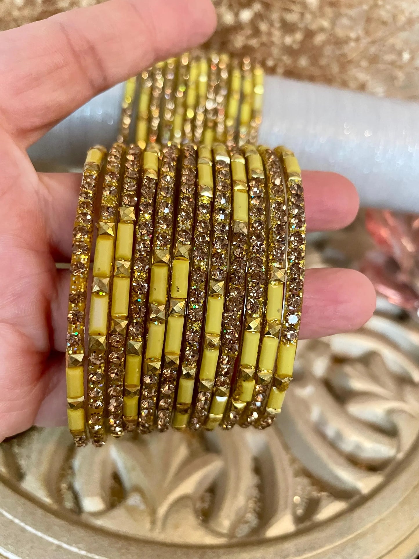 12 Glass Glitter Bangles- Various colours encrusted with rhinestones